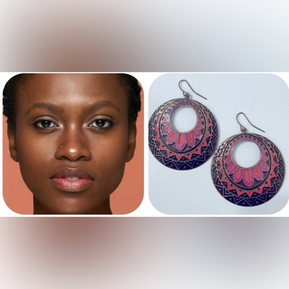 Bohemian Colorful Pattern Bronze Hoops - Picture 3 of 11